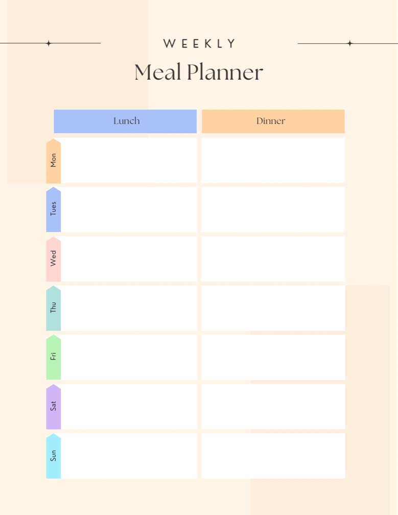 Digital meal planner with spaces to write lunch and dinner